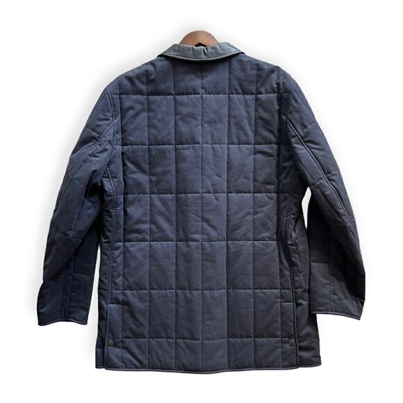 SALVATORE FERRAGAMO Navy Quilted Jacket Coat, Black Leather Collar - Picture 2 of 4